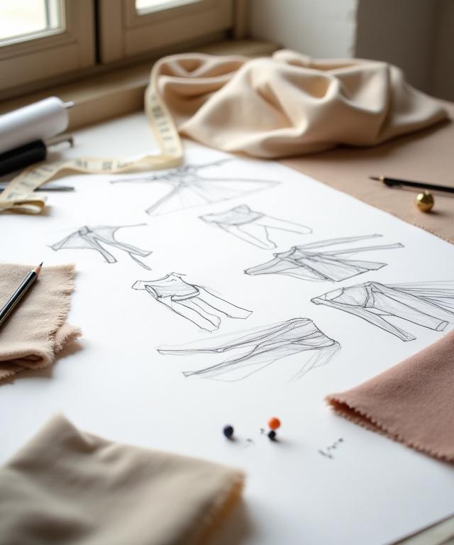 Schizzi di design e campioni di tessuto pregiato sul tavolo di lavoro nell'atelier.