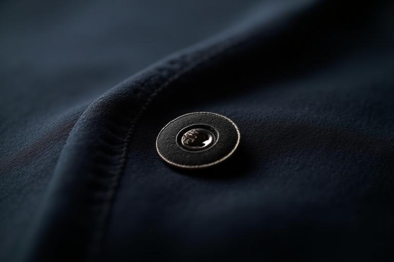 Primo piano di una cucitura a mano sull'asola di una giacca sartoriale, evidenziando la delicatezza e la cura del dettaglio.